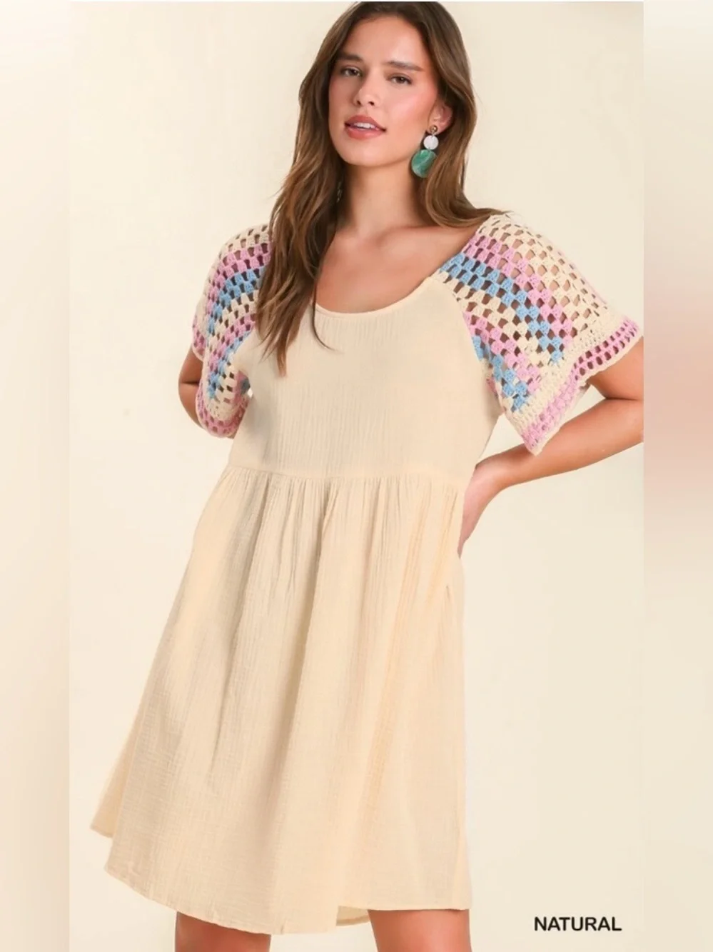 Umgee Women’s Gauze Natural Dress with Pastel Crochet Sleeves, Size Small, NEW